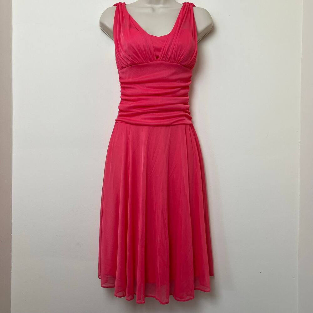 Juno Coral Pink Mesh Stretch Knit Lined Ruched Fitted Knee Length Dress Small